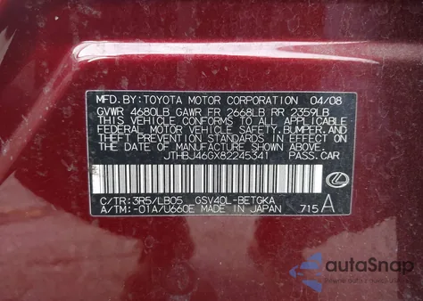 2008 Lexus Es 350 z USA, uszkodzony, nr VIN JTHBJ46GX82245341